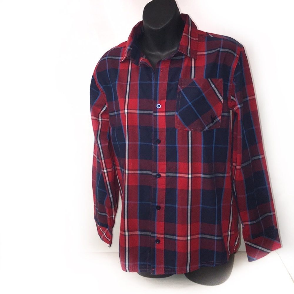 Company 81 Boys Plaid Shirt button down multicolored Red Blue White size L